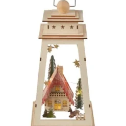 GALERIA Home LED Holz-Laterne Mit Haus Natur